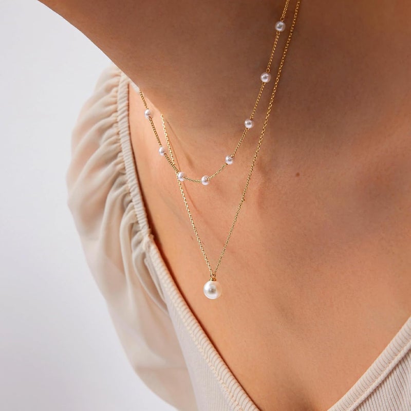 Zeffy Gold Pearl Necklace for Women, Dainty 14K Gold/Silve Plated Layered Pearl Choker Pearl Earrings Pearl Bracelets Wedding Trendy Gold Jewelry Set for Women Gifts - Image 2